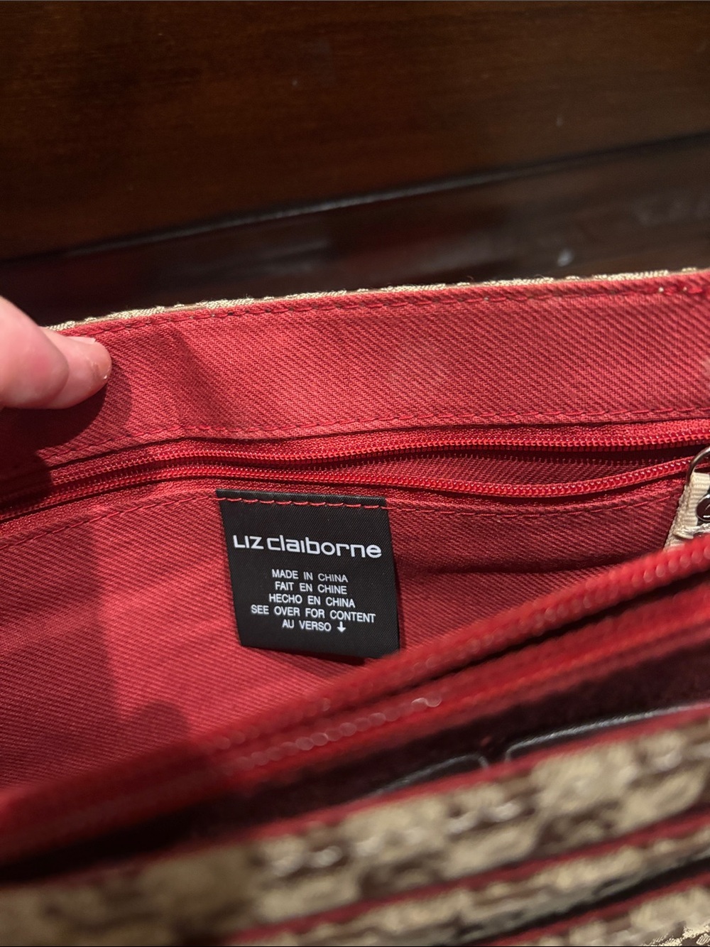Vintage Liz Claiborne Monogram Shoulder Bag 90s Tan Brown Leather Red Purse Y2K - Picture 6 of 10